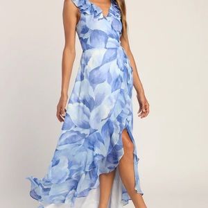 Lulus blue floral print ruffled wrap maxi dress